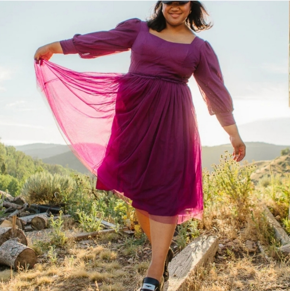 Ivy City Florence Dress in Plum Womens 3X Puffed Long Sleeve Tulle Midi Ruffles